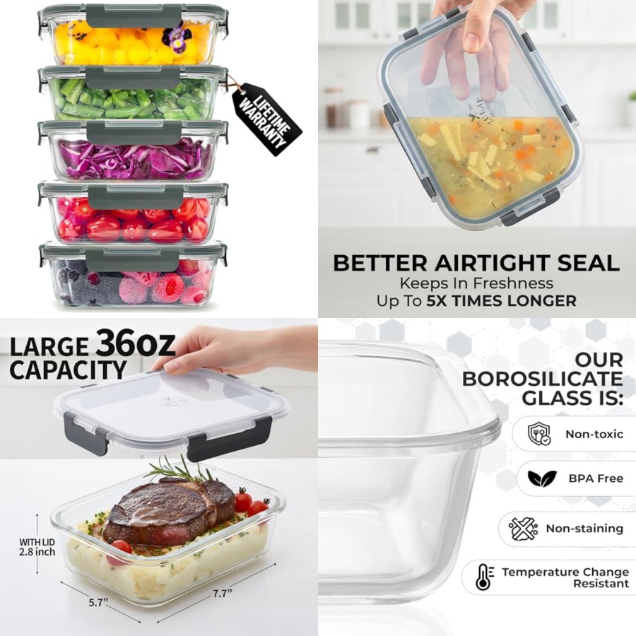 Food Storage Tupperware - 5 Piece Large 36oz Glass Tupperware