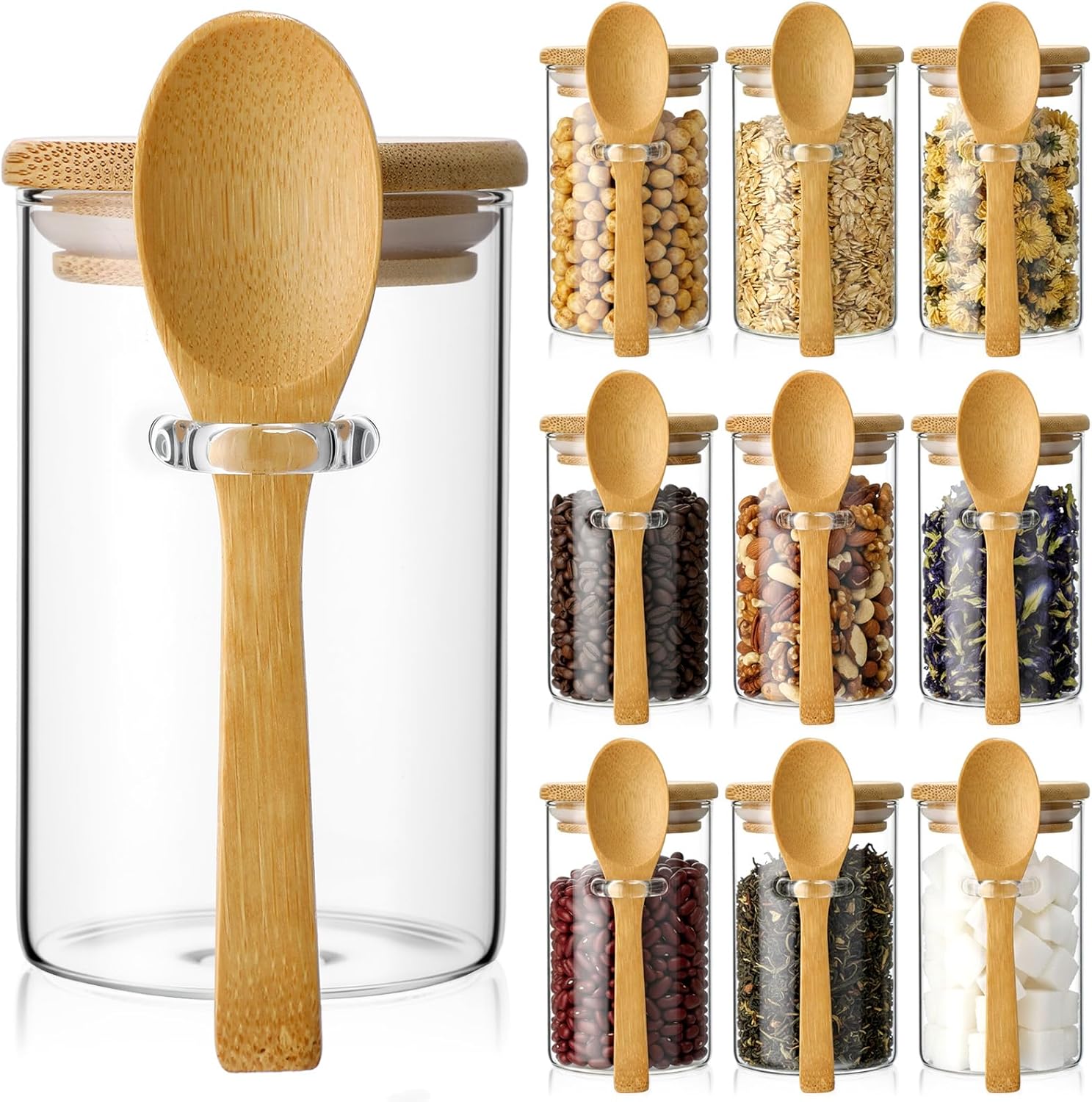 Food Storage Containers Glass - 10 Pack Glass Jars with Bamboo