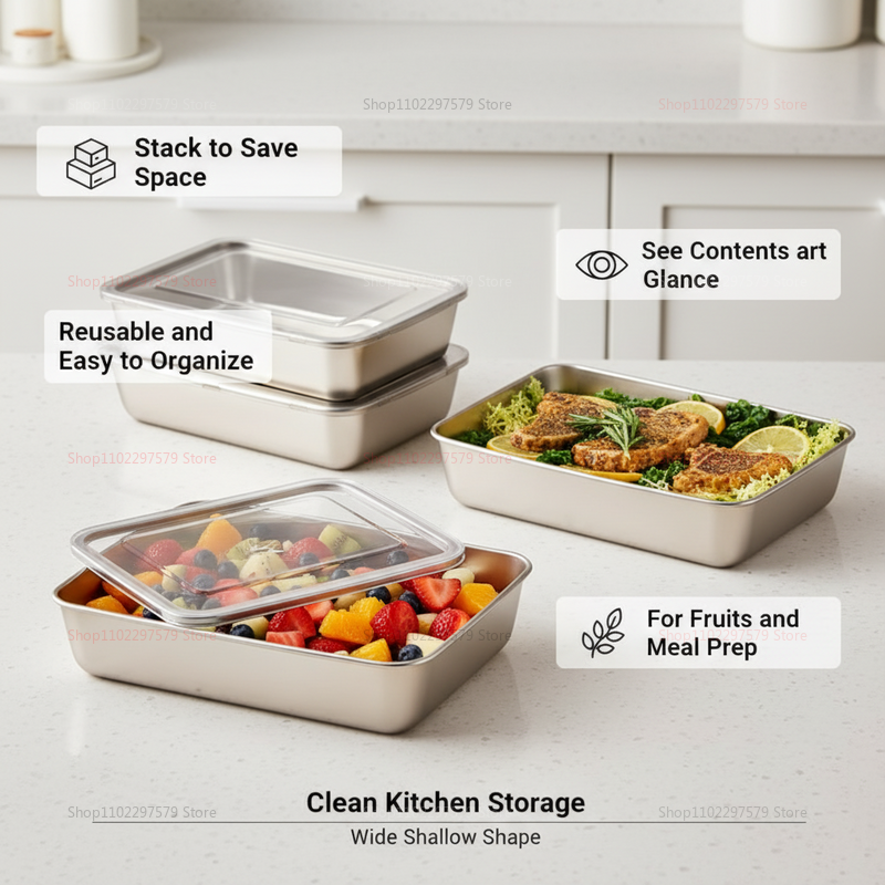 Food Storage Bowls - Plate Stainless Steel Food Container with