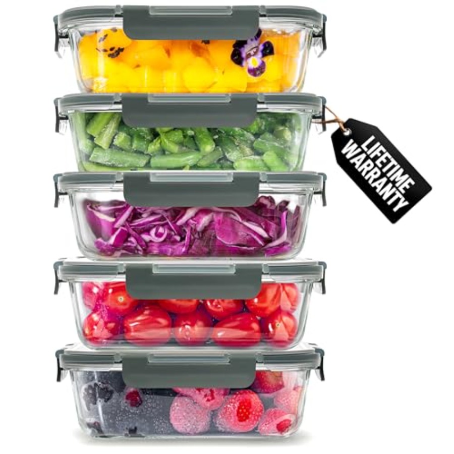Food Storage Tupperware - 5 Piece Large 36oz Glass Tupperware